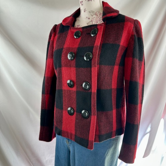 Relativity Red Black Buffalo‎ Plaid Wool Blend Peacoat Jacket PM Petite Medium - Picture 15 of 17